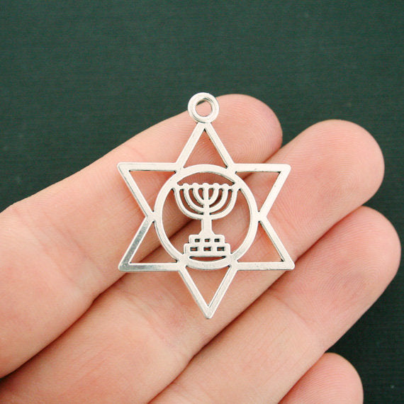4 Star of David Antique Silver Tone Charms - SC7566