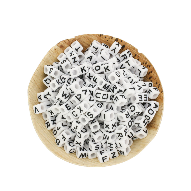 Cube Alphabet Acrylic Beads 6mm - Black and White Assorted Letters - 200 Beads - BD2104