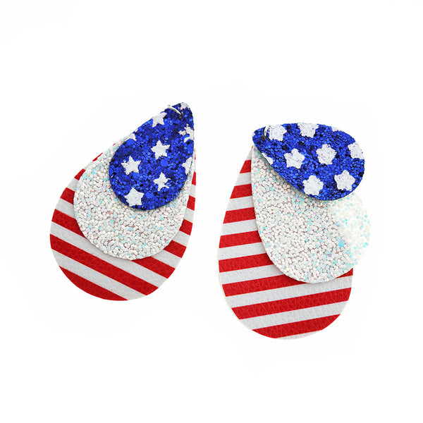 Pendentifs en forme de larme en similicuir - Étoiles et rayures patriotiques scintillantes - 1 paire 2 pièces - LP107