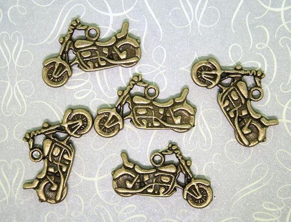5 Motorcycle Antique Bronze Tone Charms 2 Sided - BC183