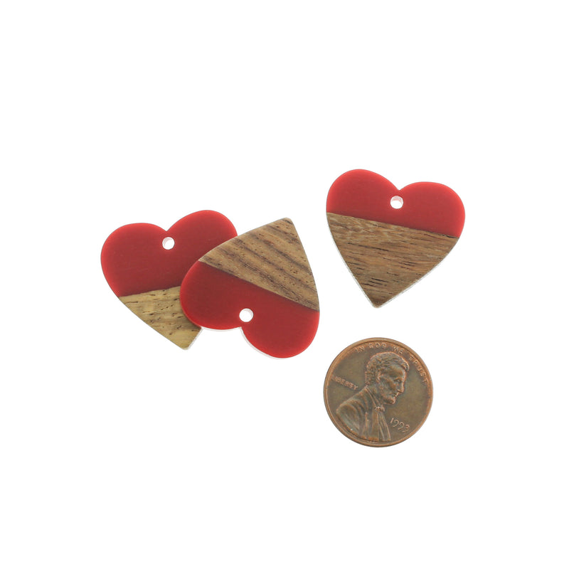 2 Heart Natural Wood and Red Resin Charms 25mm - WP399