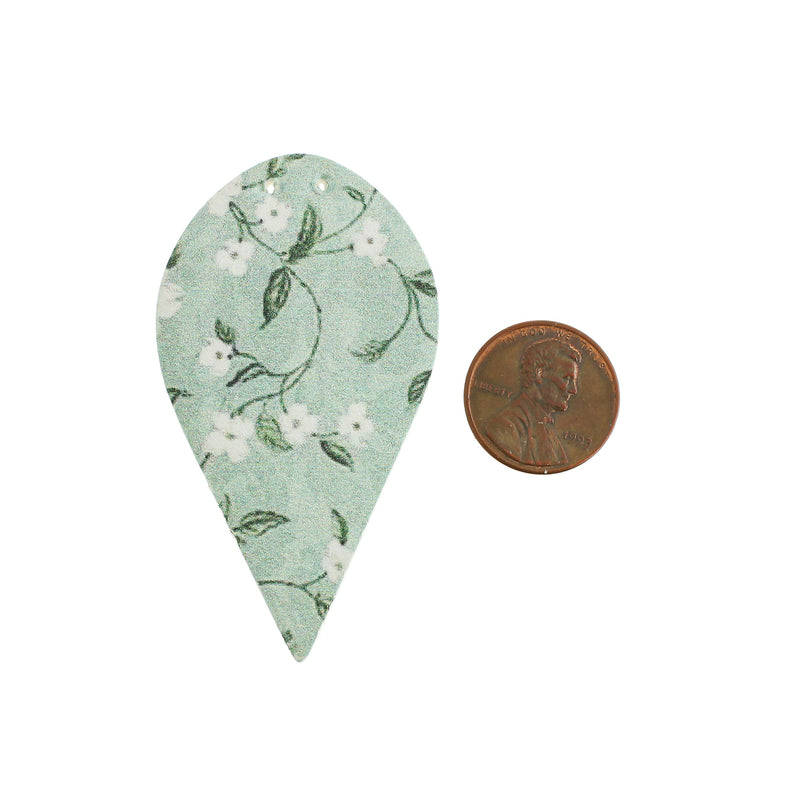 Imitation Leather Teardrop Pendants - Green with White Flower - 4 Pieces - LP260