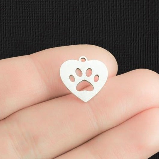 2 Heart Paw Print Stainless Steel Charms 2 Sided - SSP447