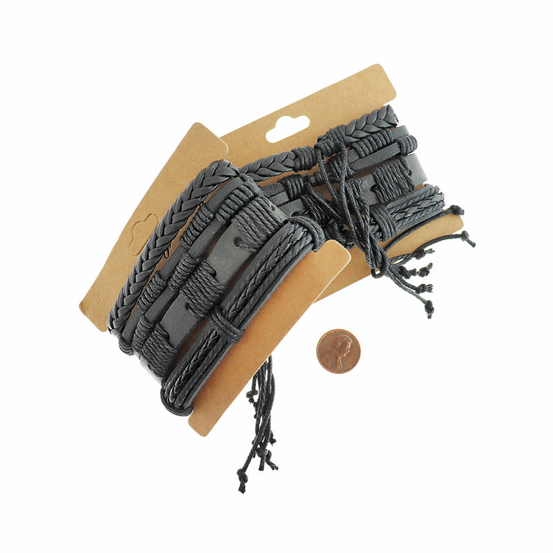 Black Imitation Leather Adjustable Bracelet 2.3" - 5mm - 1 Set 4 Bracelets - N823