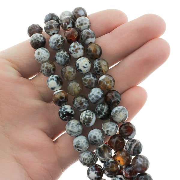 Perles d'agate de feu naturelle à facettes 8 mm - Gris anthracite et brun terreux - 1 brin 47 perles - BD2677