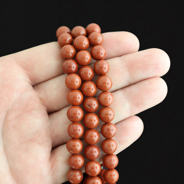 Perles rondes en jaspe rouge naturel 8 mm - Rouge brique avec veine noire - 1 rang 49 perles - BD1608