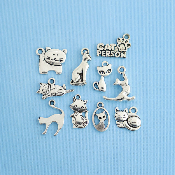 Cat Charm Collection Antique Silver Tone 10 Different Charms - COL025