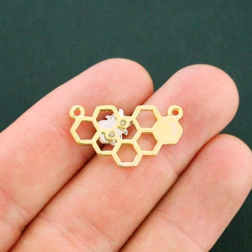 4 Honeycomb Bee Connector Gold and Silver Tone Charms - GC949