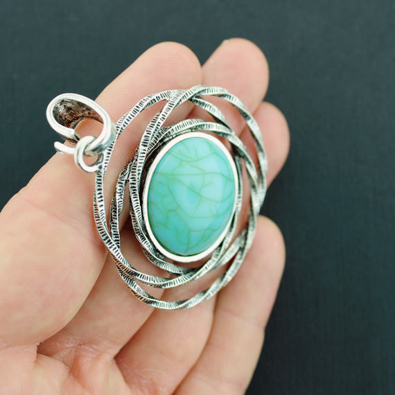 Spiral Antique Silver Tone Charm With Imitation Turquoise - SC3263