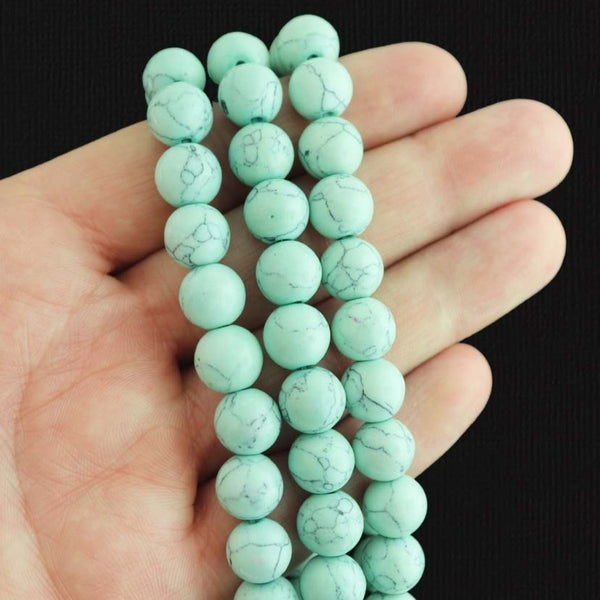 Perles de Verre Rondes 10mm - Marbre Vert Menthe - 1 Rang 41 Perles - BD2792