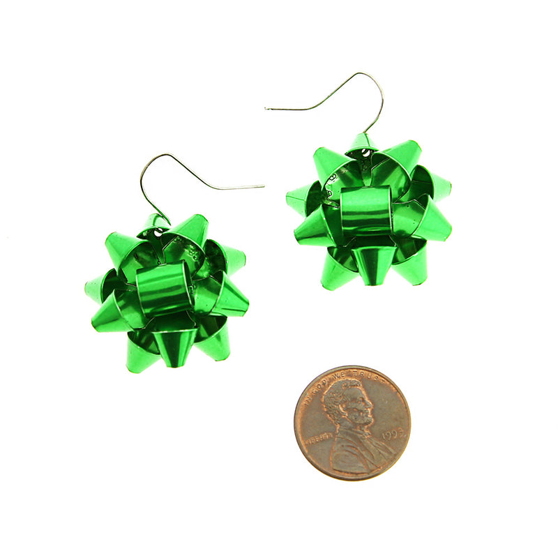 Green Christmas Bow Earrings - Silver Tone French Hook - 2 Pieces 1 Pair - Z1635