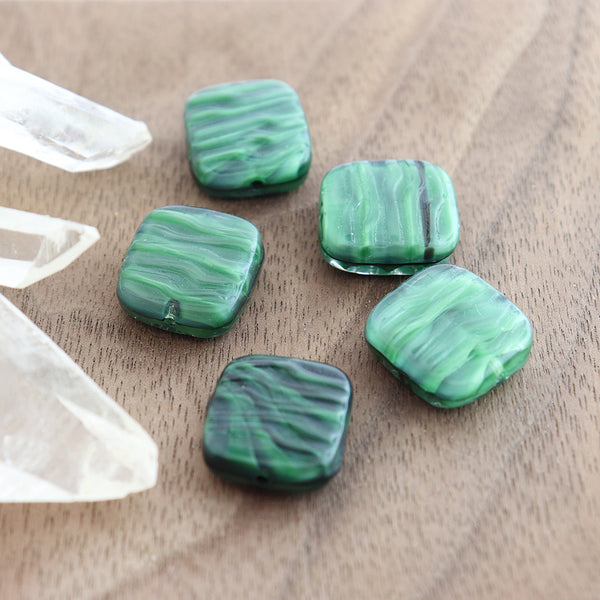 Square Czech Pressed Glass Beads 14mm - Polished Green Stripe - 2 Beads - CB322