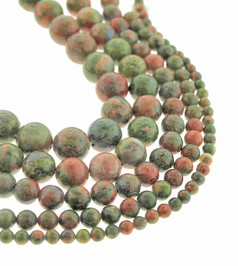 Perles Unakite naturelles rondes 4mm -12mm - Choisissez votre taille - Vert forêt et corail - 1 brin complet de 15" - BD1871