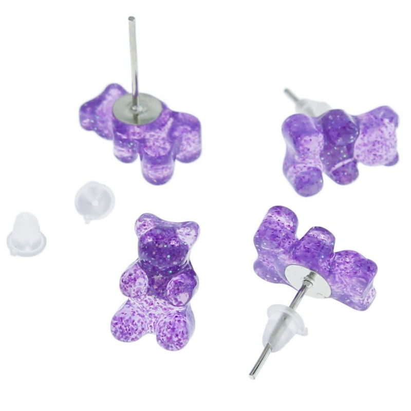 Resin Earrings - Purple Candy Bear Studs - 12mm x 8mm - 2 Pieces 1 Pair - ER383
