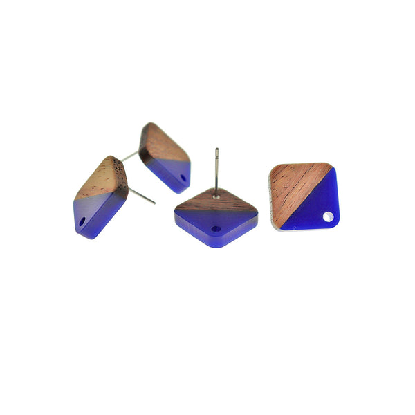 Wood Stainless Steel Earrings - Blue Resin Rhombus Studs - 17mm x 17mm - 2 Pieces 1 Pair - ER692
