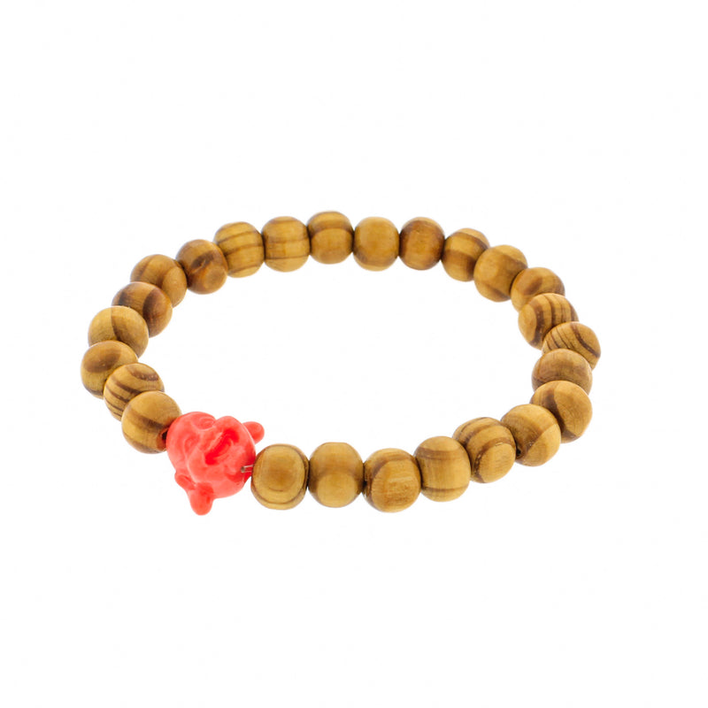 Round Wood Bead Bracelet - 43mm - Coral Resin Buddha - 1 Bracelet - BB074