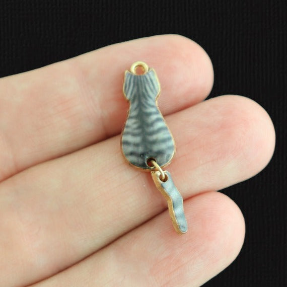 4 Grey Cat Gold Tone Enamel Charms With Dangle Tail - E1596