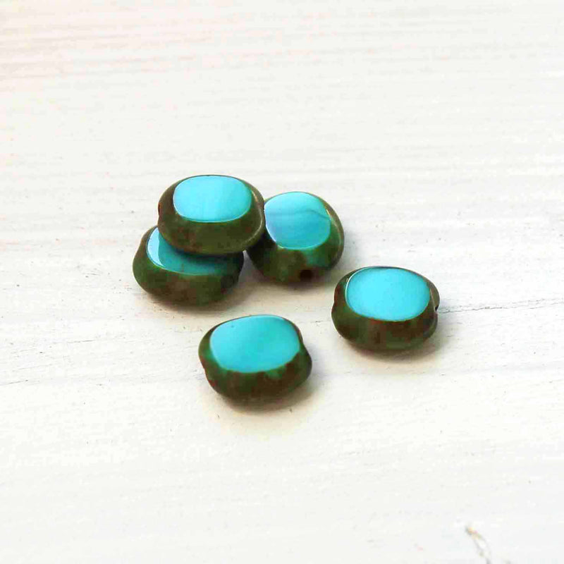 Oval Czech Pressed Glass Beads 10mm x 9mm - Picasso Turquoise - 5 Beads - CB088