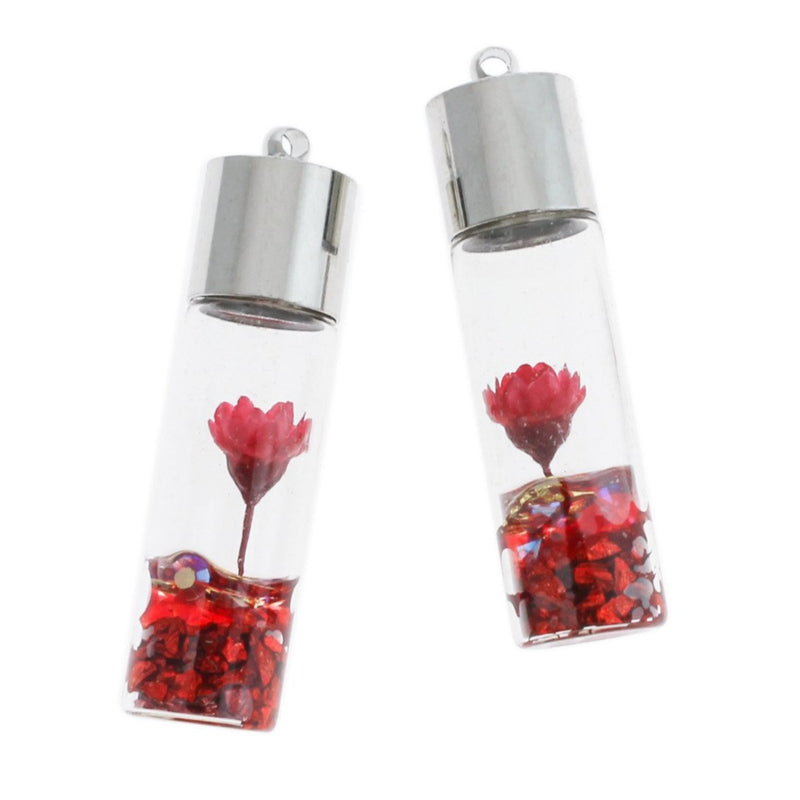 2 Red Floral Glass Wish Bottle Pendants 3D - Z812