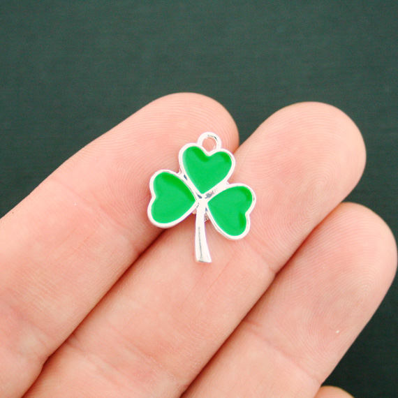 2 Clover Silver Tone Enamel Charms - E538