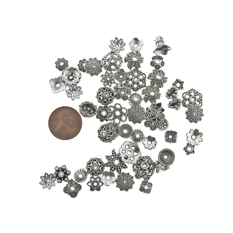 Antique Silver Tone Assorted Bead Caps - 8 - 15mm - 150 Pieces - FD855