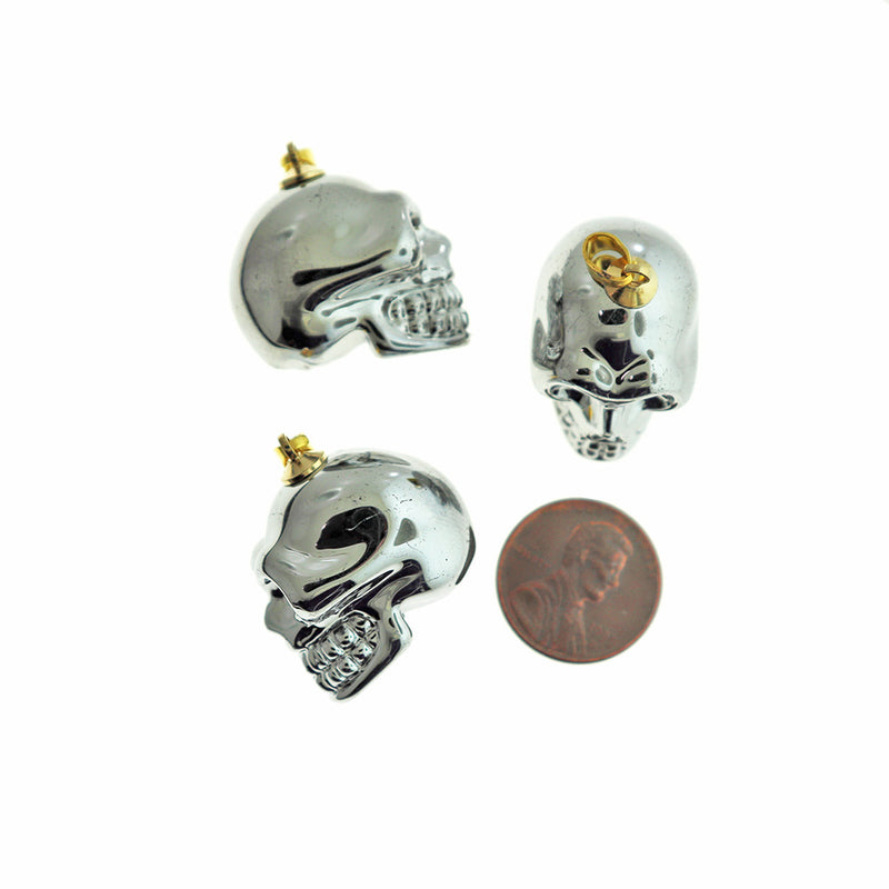 Silver Tone Platinum Plated Skull Glass Pendant Gold Tone Charm 3D - Z199