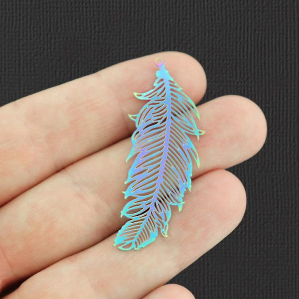 2 Filigree Feather Rainbow Electroplated Stainless Steel Charms 2 Sided - SSP241