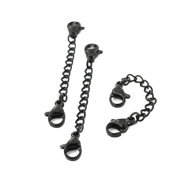 Black Stainless Steel Extender Chain With 2 Lobster Clasps - 50mm x 3.0mm - 2 Pieces - FD478