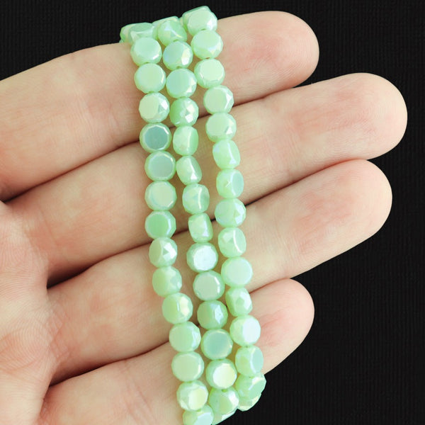 Faceted Flat Glass Beads 6mm x 5.5mm - Electroplated Light Green - 1 Strand 98 Beads - BD103