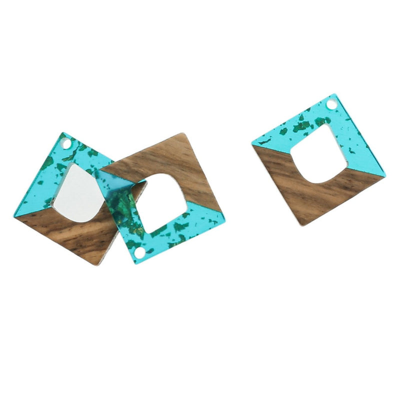 2 Rhombus Natural Wood and Blue and Gold Resin Charms 27mm - WP381