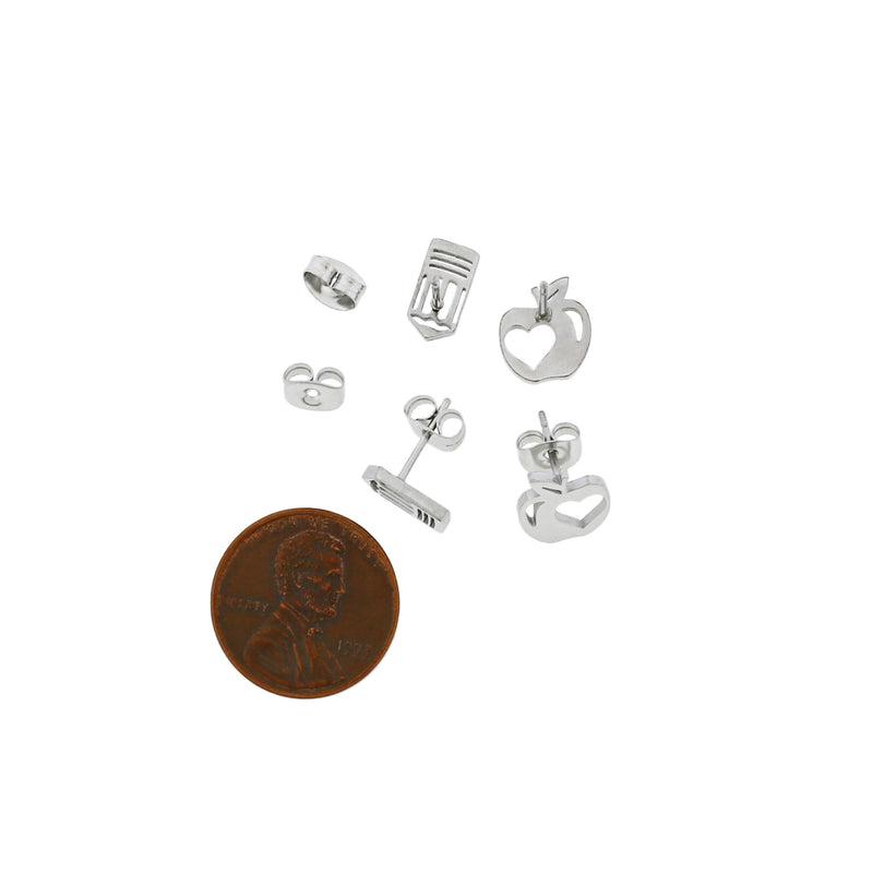 Teacher Earrings - Apple and Pencil Studs - 1 Pair - Choose Silver, Black, or Gold!