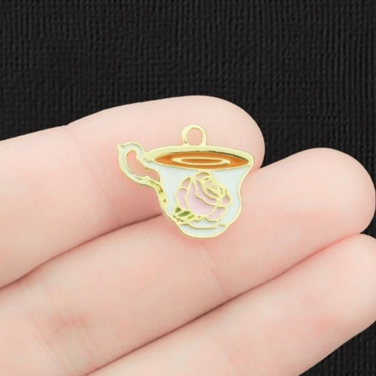 2 Tea Cup Gold Tone Enamel Charms - E264