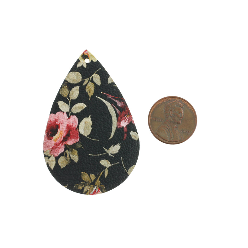 Imitation Leather Teardrop Pendants - Pink Flower - 4 Pieces - LP074