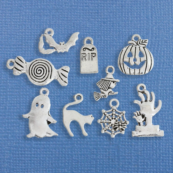 Halloween Charm Collection Antique Silver Tone 9 Different Charms - COL248
