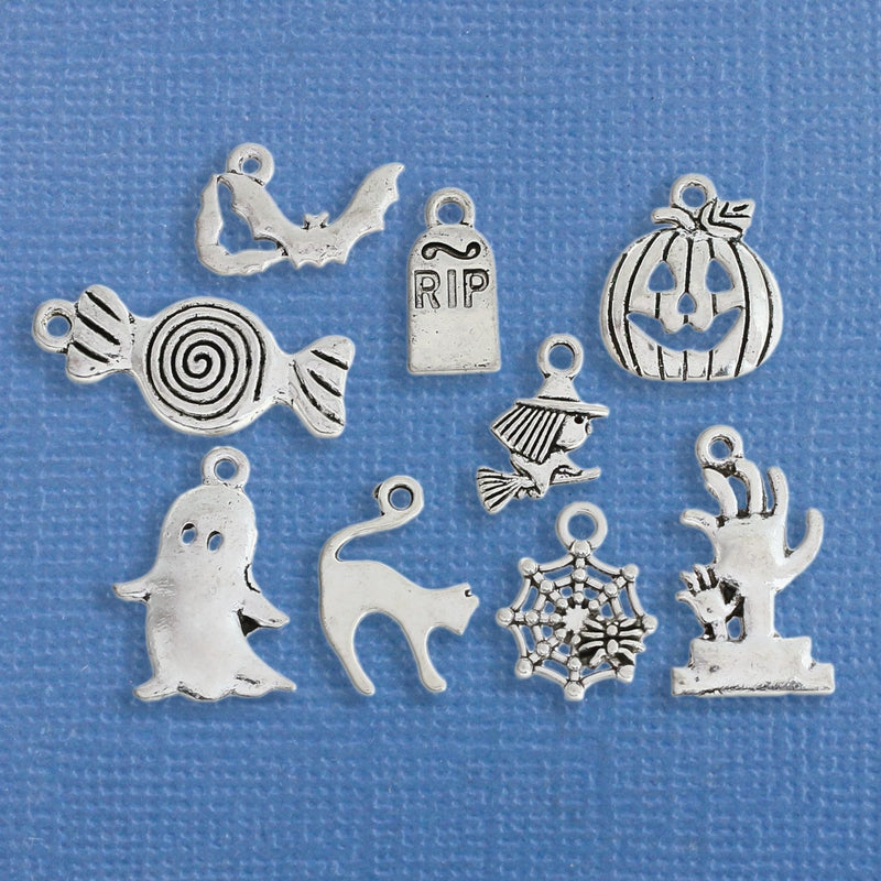 Halloween Charm Collection Antique Silver Tone 9 Different Charms - COL248