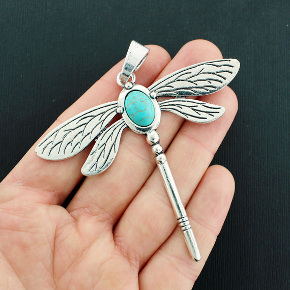 Dragonfly Antique Silver Tone Charm With Imitation Turquoise - SC5819