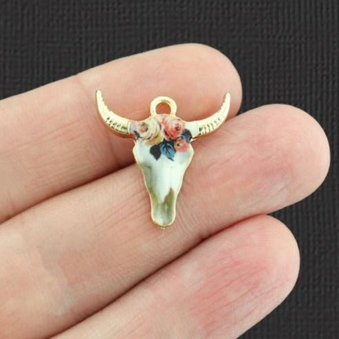 4 Cattle Skull Gold Tone Enamel Charms - E921