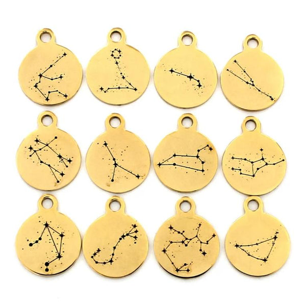 Zodiac Constellation Gold Stainless Steel Charms - Small Round - Choose Your Sign - Quantity Options - COL190GOLD-IND