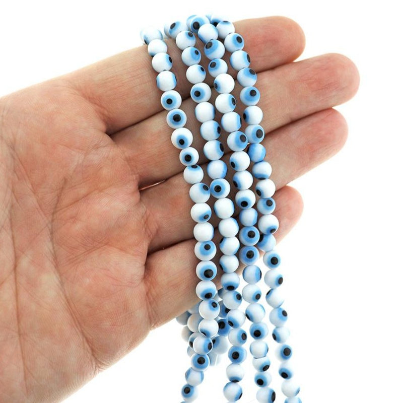 Perles de Verre Rondes 6mm - Mauvais Œil Bleu Clair et Blanc - 1 Rang 64 Perles - BD2339