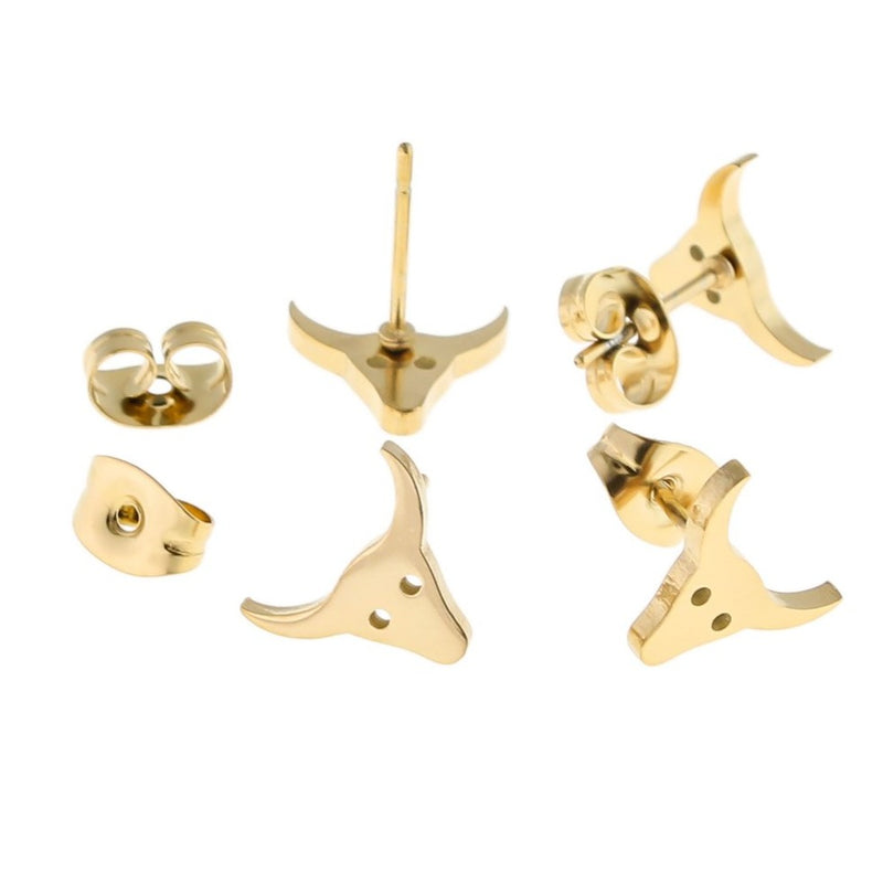 Gold Stainless Steel Earrings - Bull Studs - 10mm x 8mm - 2 Pieces 1 Pair - ER407