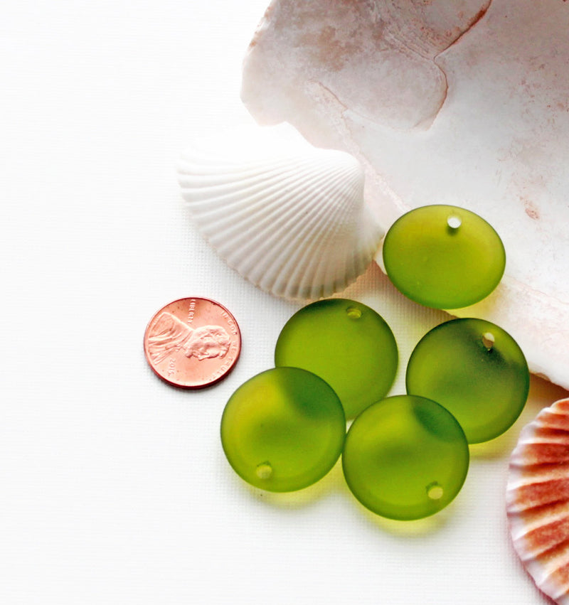 2 Olive Green Round Cultured Sea Glass Charms - U098