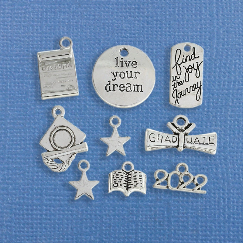 Class of 2022 Graduation Charm Collection Antique Silver Tone 9 Different Charms - COL195