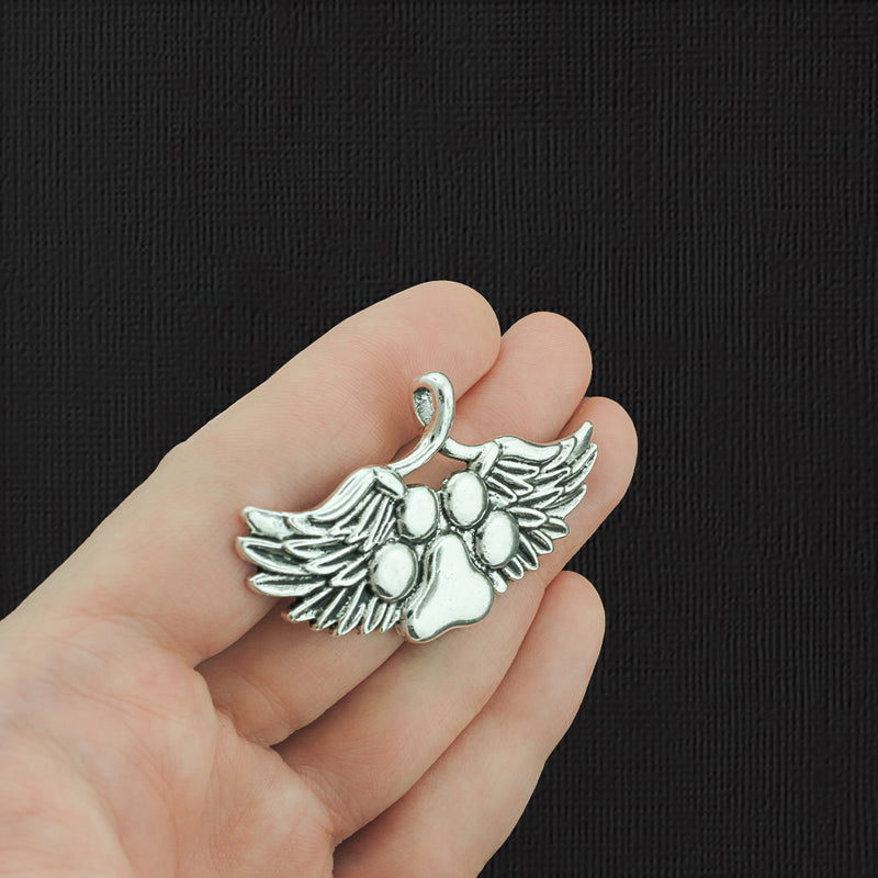 2 Paw Print Angel Wings Antique Silver Tone Charms - SC2906