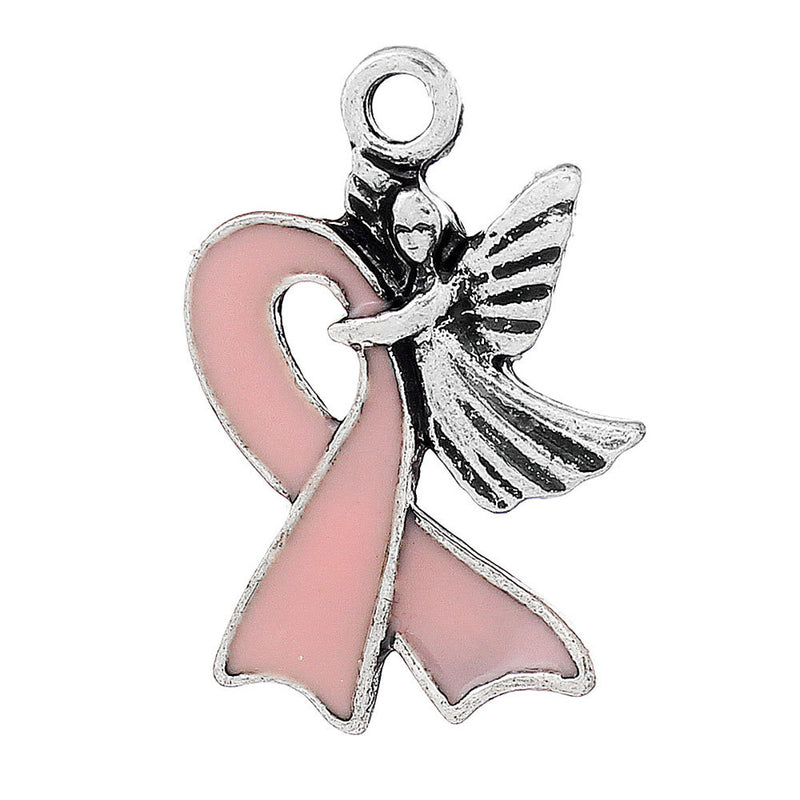 4 Breast Cancer Silver Tone Enamel Charms - E005
