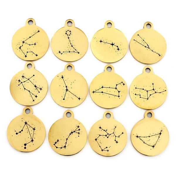 Zodiac Charm Collection Stainless Steel 12 Different Charms - Gold Round Constellations - COL197GOLD