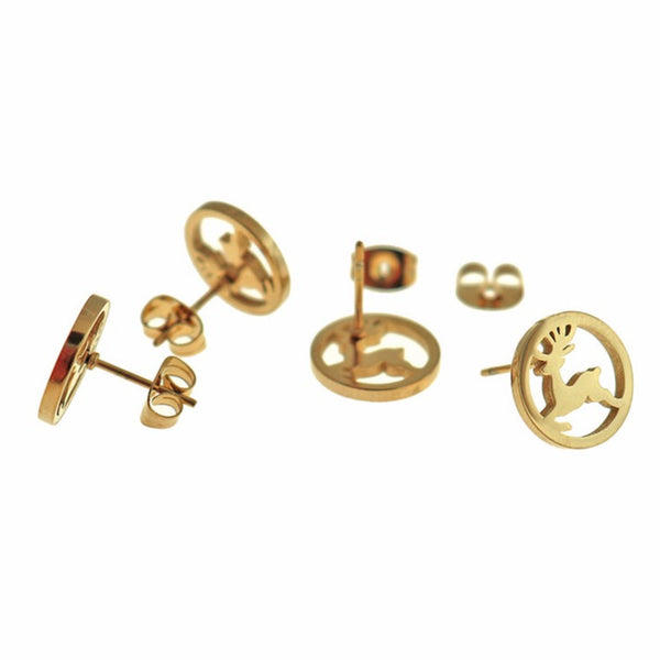 Gold Stainless Steel Earrings - Reindeer Studs - 12mm - 2 Pieces 1 Pair - ER854