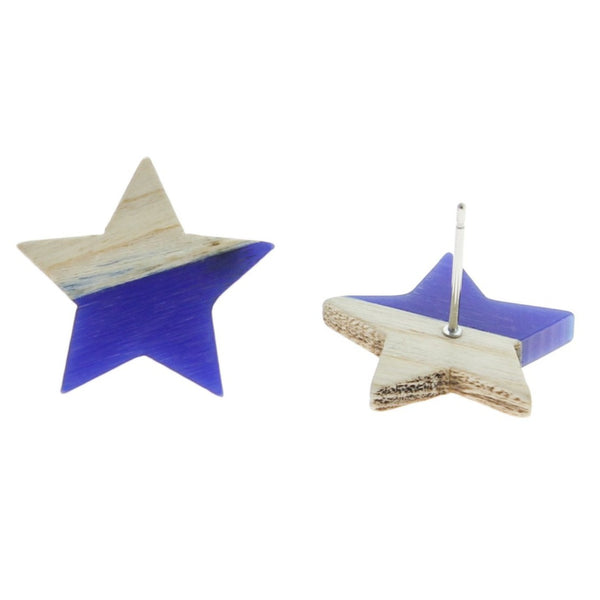 Wood Stainless Steel Earrings - Blue Resin Star Studs - 18mm x 17mm - 2 Pieces 1 Pair - ER137