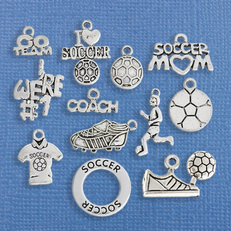Deluxe Soccer Charm Collection Antique Silver Tone 12 Charms - COL253