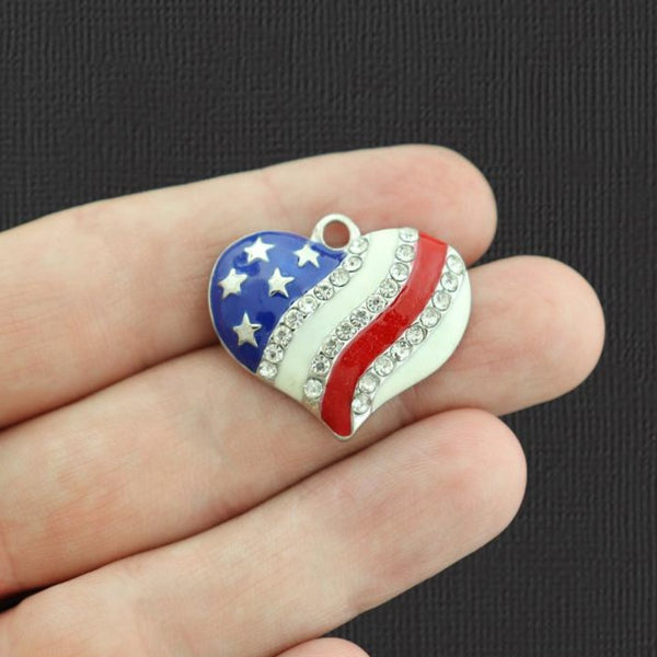 Breloques en émail ton argent coeur patriotique USA avec strass incrustés - E1051