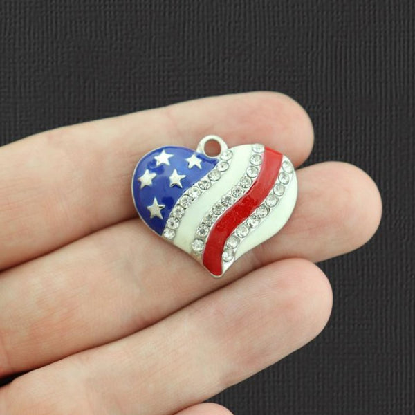 USA Patriotic Heart Silver Tone Enamel Charms With Inset Rhinestones - E1051